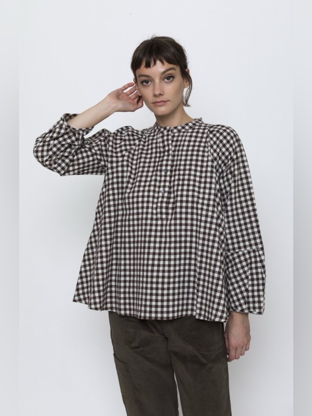 Pietsie Atlin blouse in brown and cream gingham